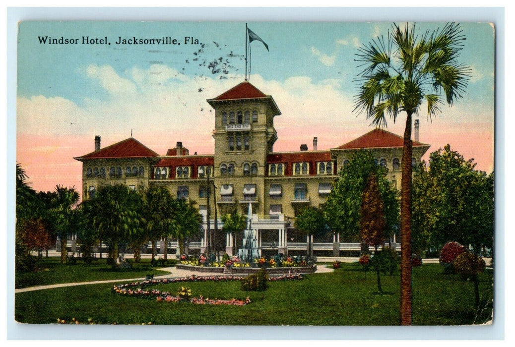 1915 Windsor Hotel Waterfall Flowers Jacksonville Florida FL Antique Postcard