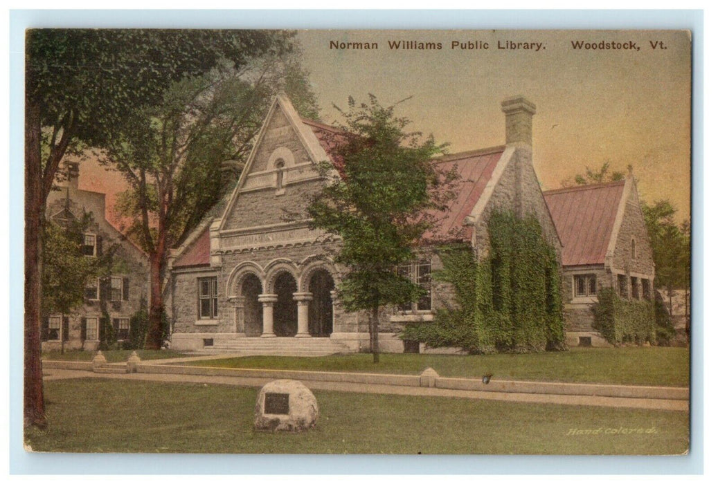 1922 Norman Williams Public Library Woodstock Vermont VT Handcolored Postcard