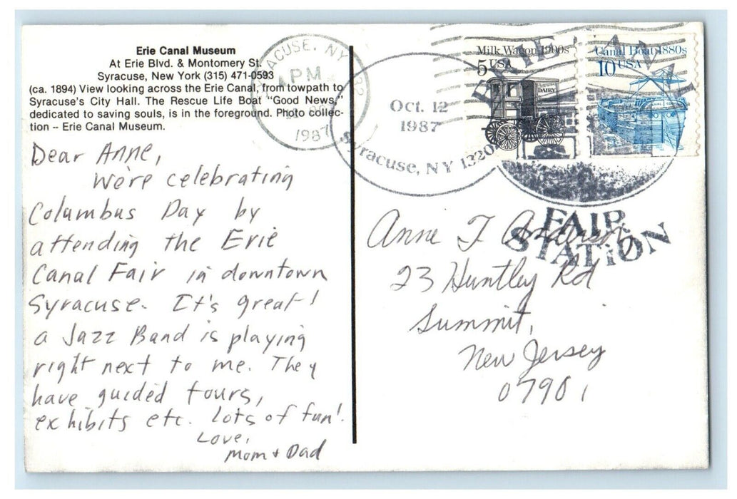 1987 Erie Canal Fair Station Museum Syracuse New York NY City Hall Boat Postcard