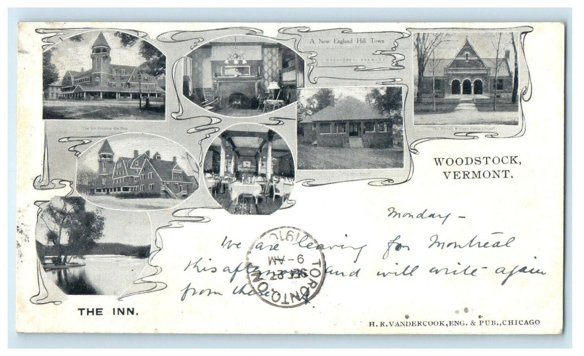 c1905 Multiview, The Inn A New England Hill Town Woodstock VT Postcard