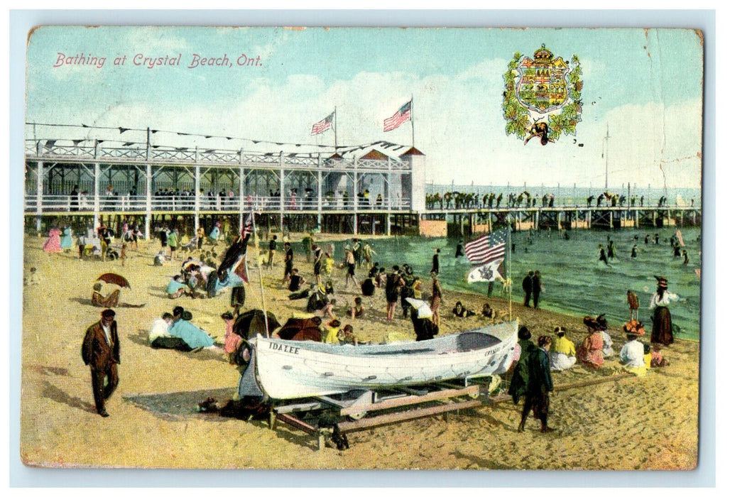 c1910 Boat in Sand, Bathing at Crystal Beach, Canada CA Posted Postcard