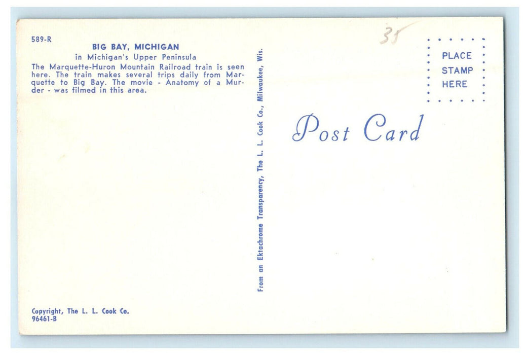 View of Marquette-Huron Railroad Mountain Train Big Bay Michigan Posted Postcard