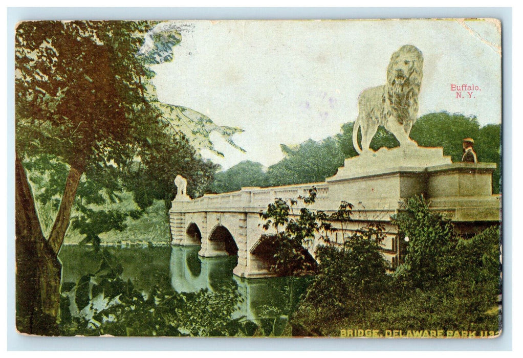 1909 Lion Statue, Bridge, Delaware Park, Buffalo New York NY Postcard