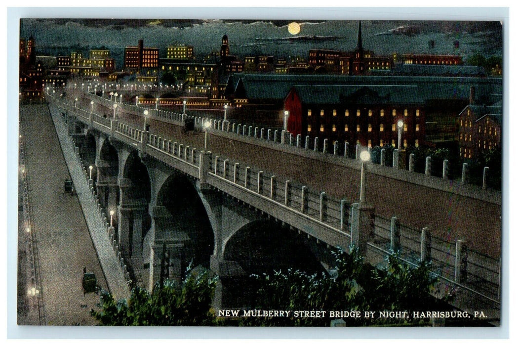 New Monument Street Bridge By Night Moon Harrisburg Pennsylvania PA Postcard