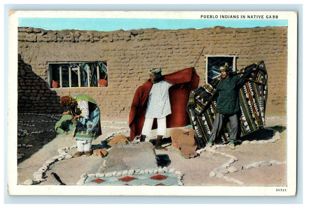 c1920s Pueblo Indians in Native Garb Sandpainting in the Foreground Postcard