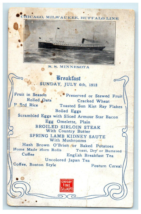 c1910 SS Minnesota Chicago Milwaukee Buffalo Line Breakfast Advertising Postcard