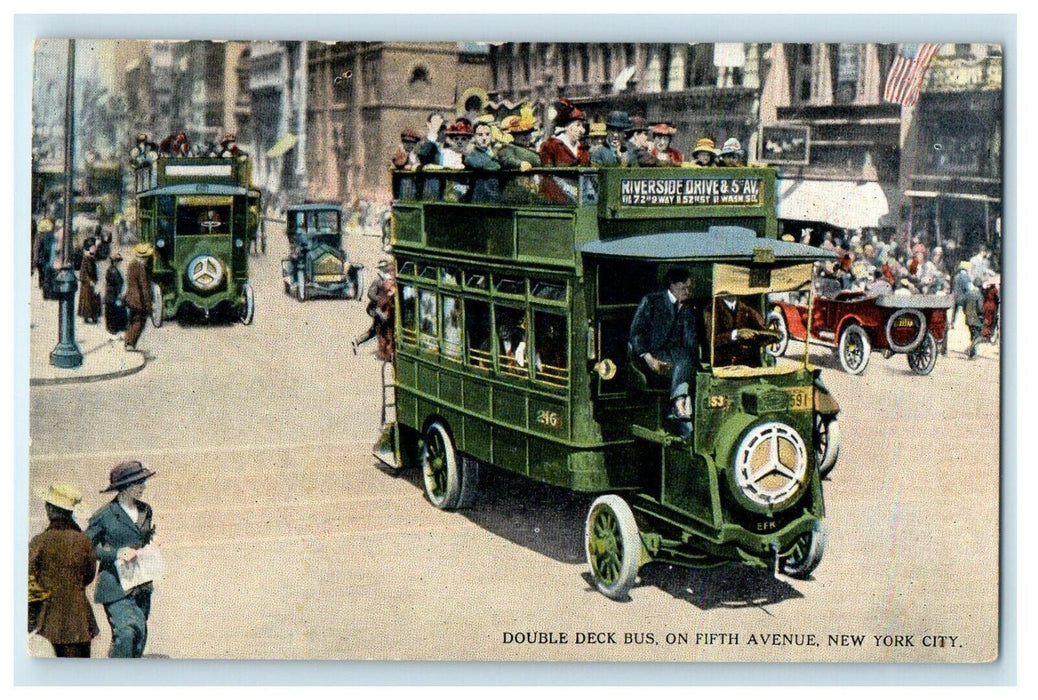 New York City NY, Double Deck Bus On Fifth Avenue Riverside Drive Postcard