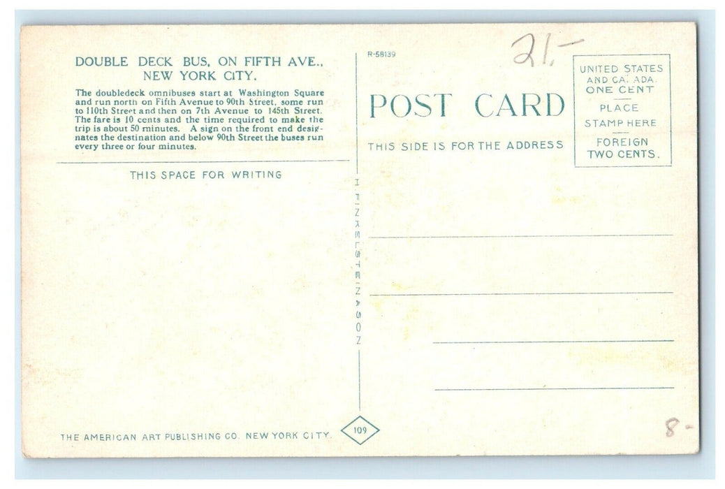 New York City NY, Double Deck Bus On Fifth Avenue Riverside Drive Postcard