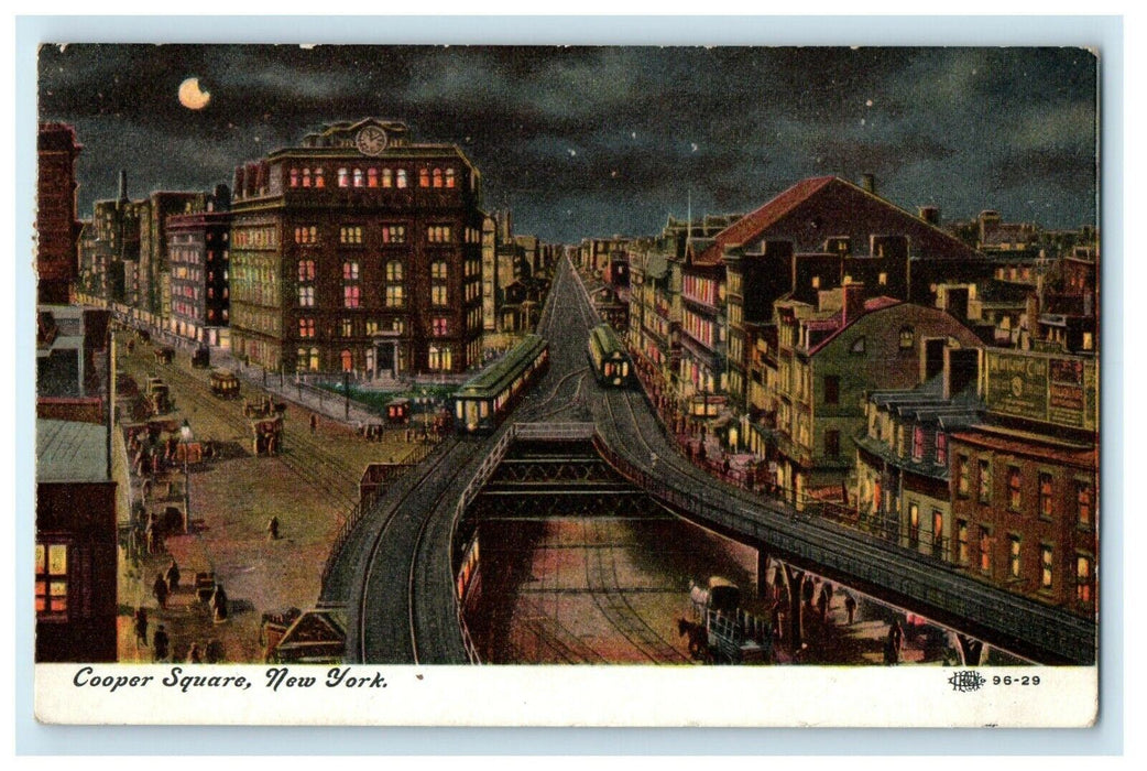 1910 Cooper Square Moonlight Railroad Train New York City NY, Clyde Postcard