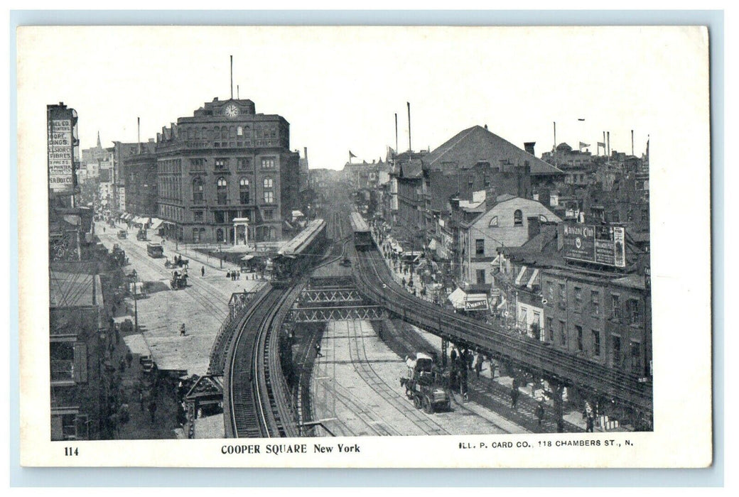 c1905 Cooper Square Railroad Trolley Train Cars New York City NY Postcard