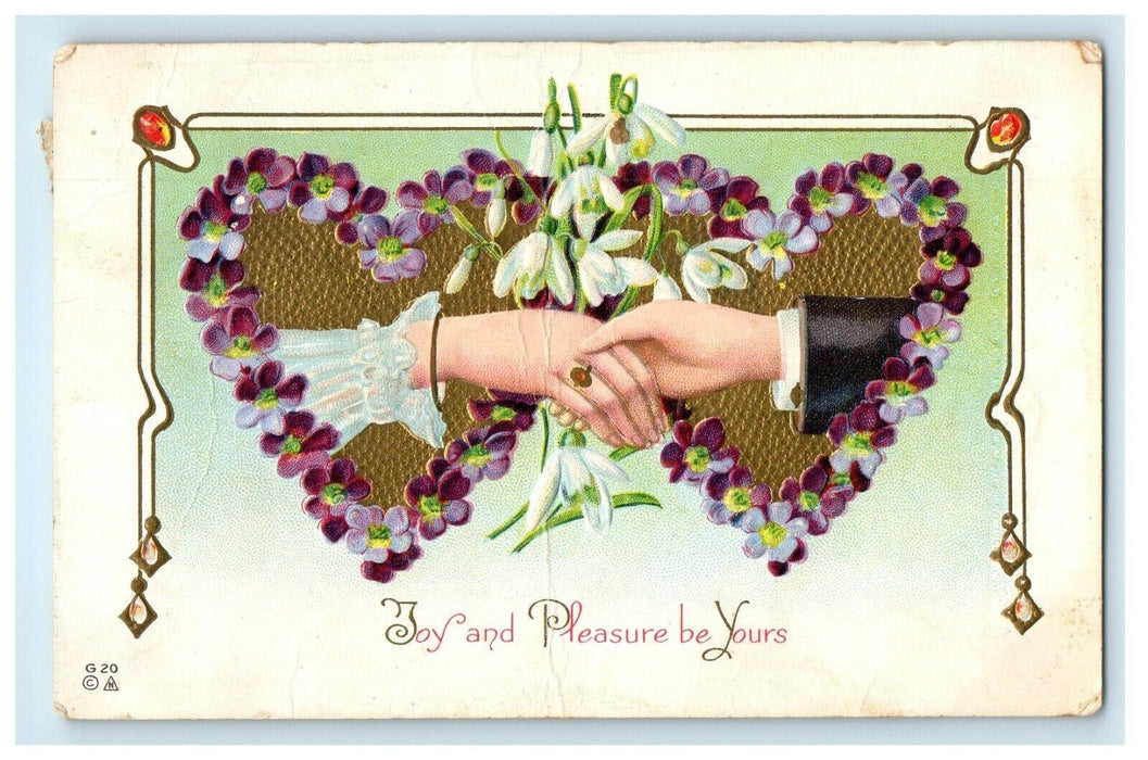 1917 Easter Greetings Hearts Pansies Flowers Engagement Ring Embossed Postcard