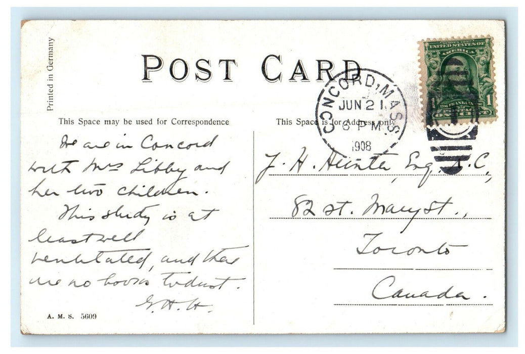 1908 Hawthorne's Study Concord, Massachusetts MA Posted Antique Postcard