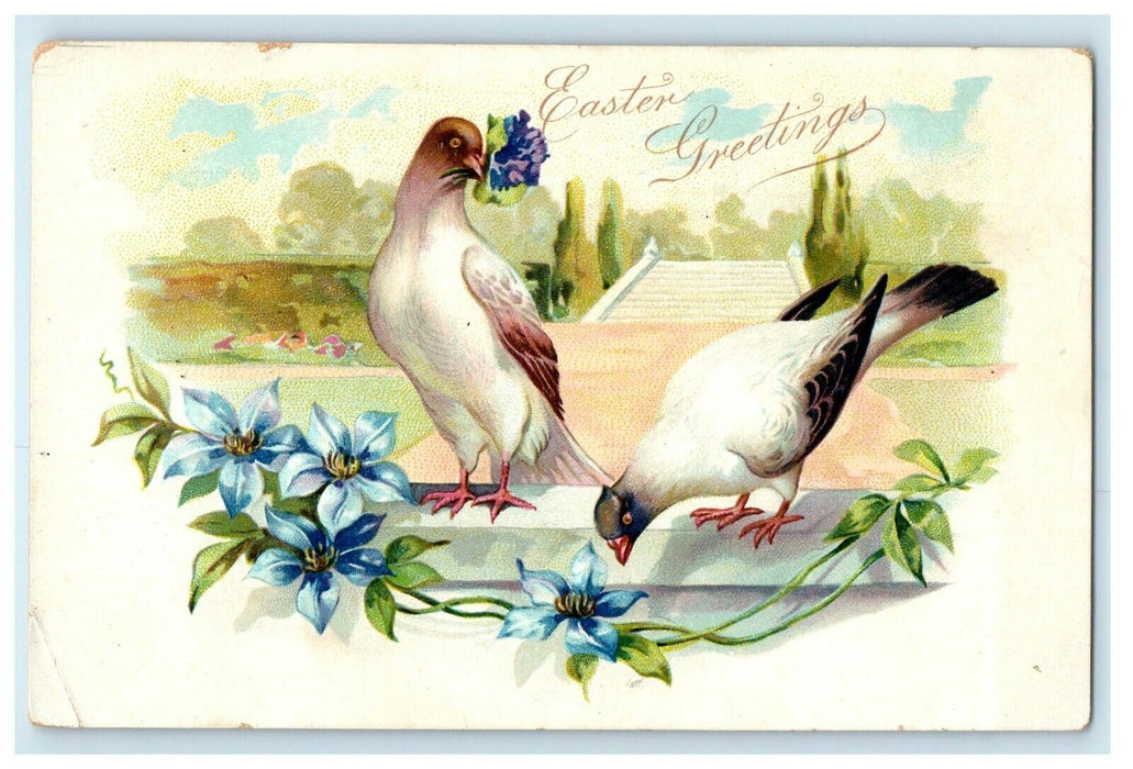 c1910's Greetings Easter Dove Birds Blue Lily Flowers Embossed Tuck's Postcard