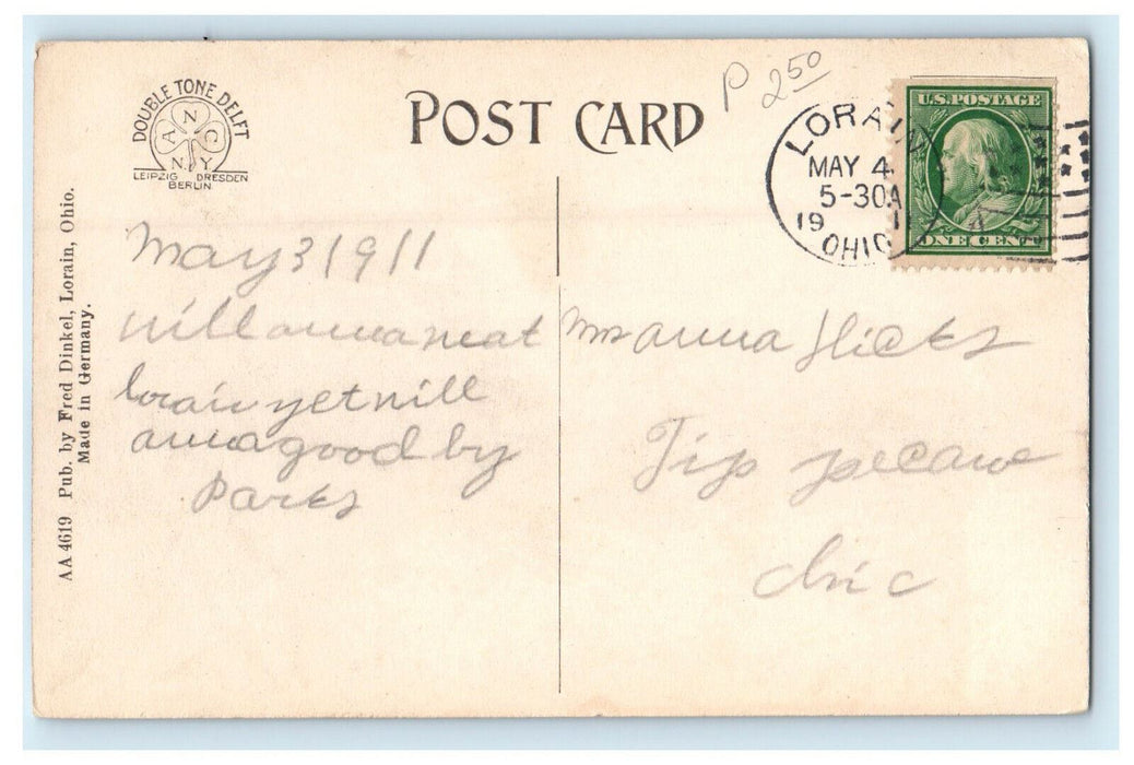 1911 Fountain Lorain Ohio OH Antique Posted Double Tone Delft Postcard