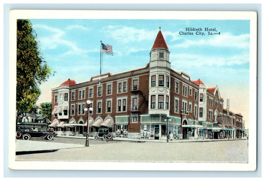 c1920's Hildreth Hotel Building Street View Charles City Iowa IA Postcard