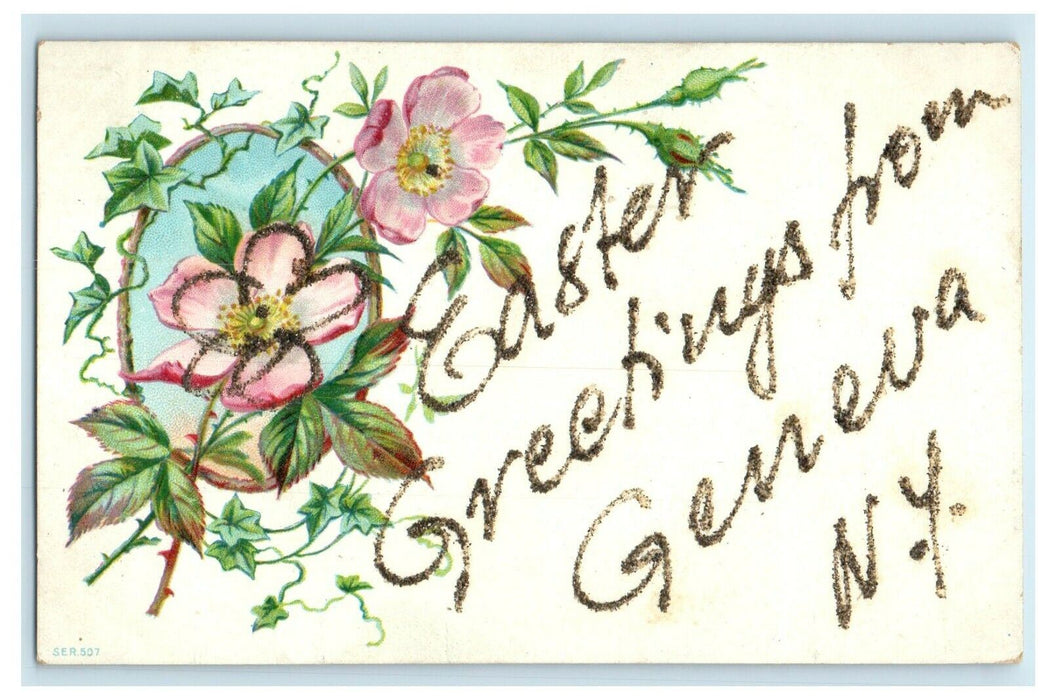 Easter Greetings From Geneva New York NY, Flowers Glitter Postcard