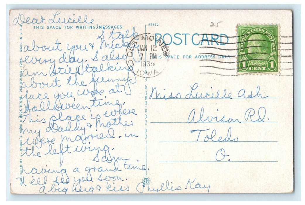 1935 Des Moines Women's Club, Des Moines Iowa IA Posted Postcard