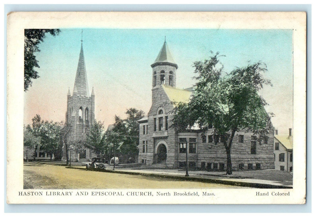 c1920s Haston Library and Episcopal Church, North Brookfield MA Postcard
