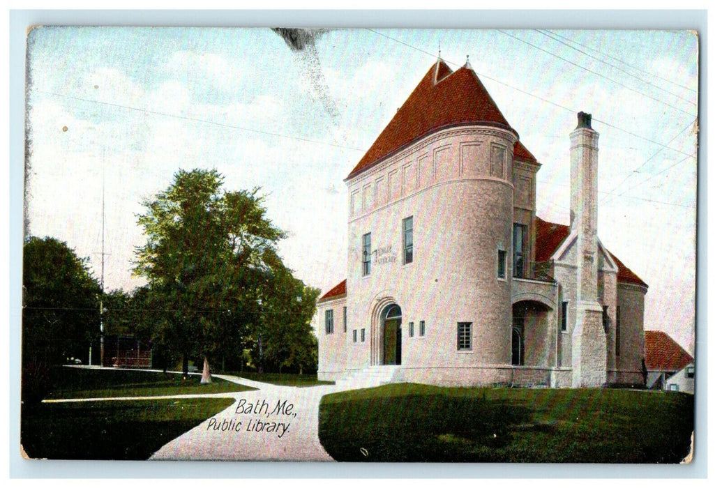 1908 Public Library, Bath Maine ME Hugh C Leighton Co. Posted Antique Postcard