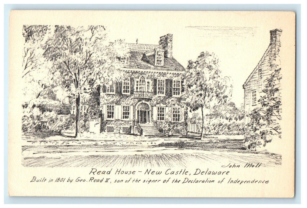 c1940's Read House New Castle Delaware DE, Artist Signed John Moll Postcard
