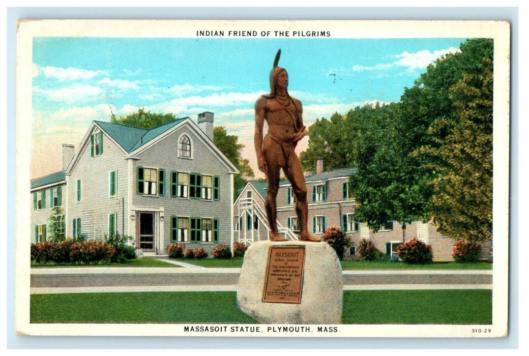 1931 Massasoit Statue, Indian Friend Of The Pilgrims Plymouth MA Postcard