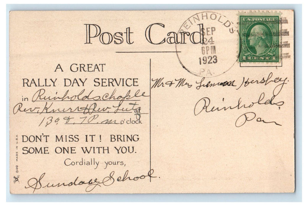 1923 Rally Day Greetings Reinholds Pennsylvania PA Advertising Postcard