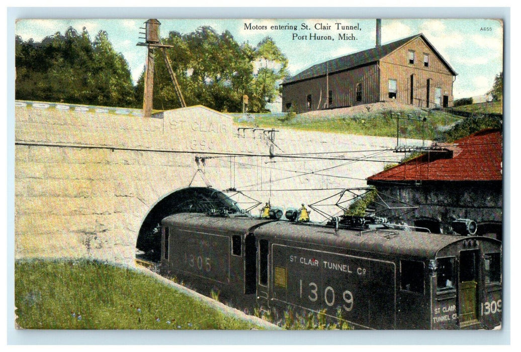 1909 Motors Entering St. Clair Tunnel Port Huron Michigan MI Antique Postcard