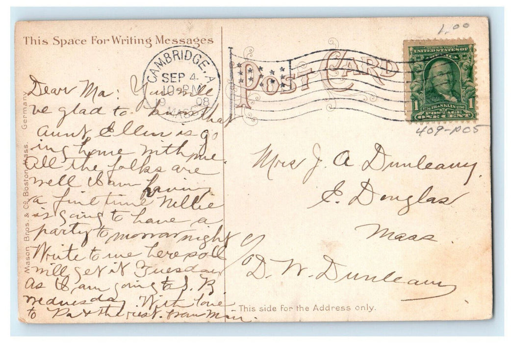 1908 Harvard Union, Harvard College, Cambridge Massachusetts MA Posted Postcard