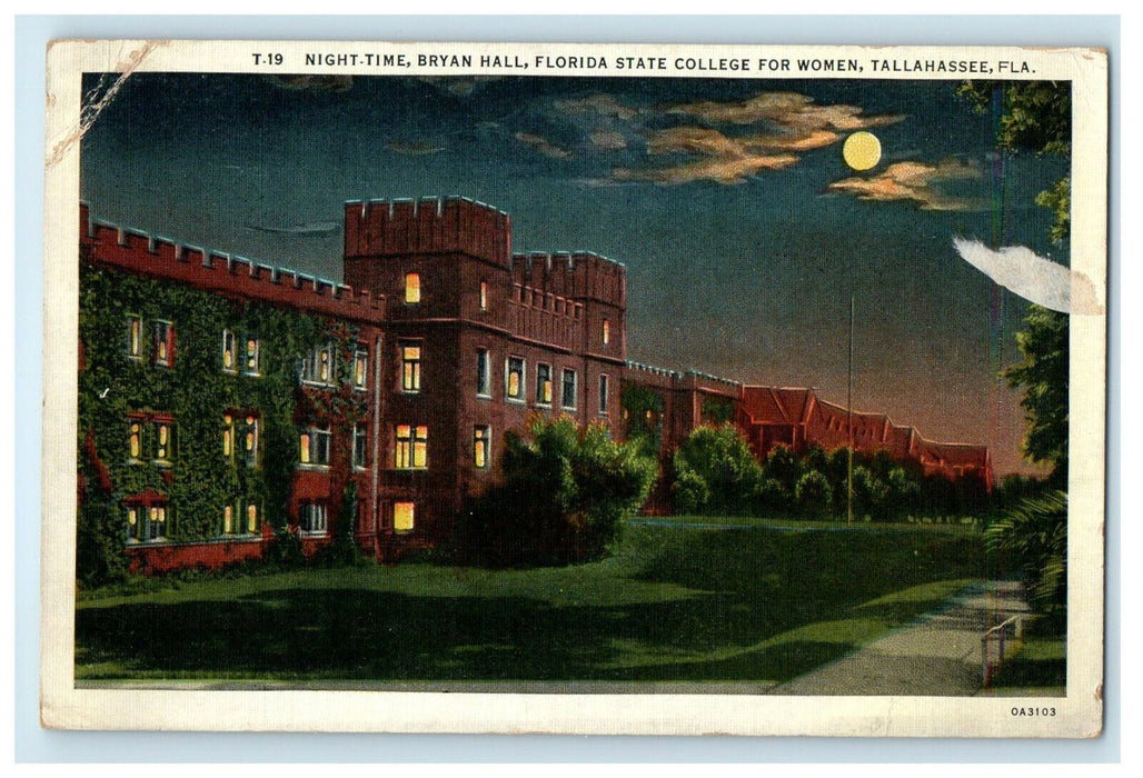 1936 Night Time Bryan Hall, Florida State College Tallahassee FL Postcard