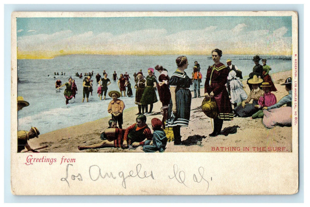 c1905 Bathing in Surf Greetings from Los Angeles California CA Antique Postcard