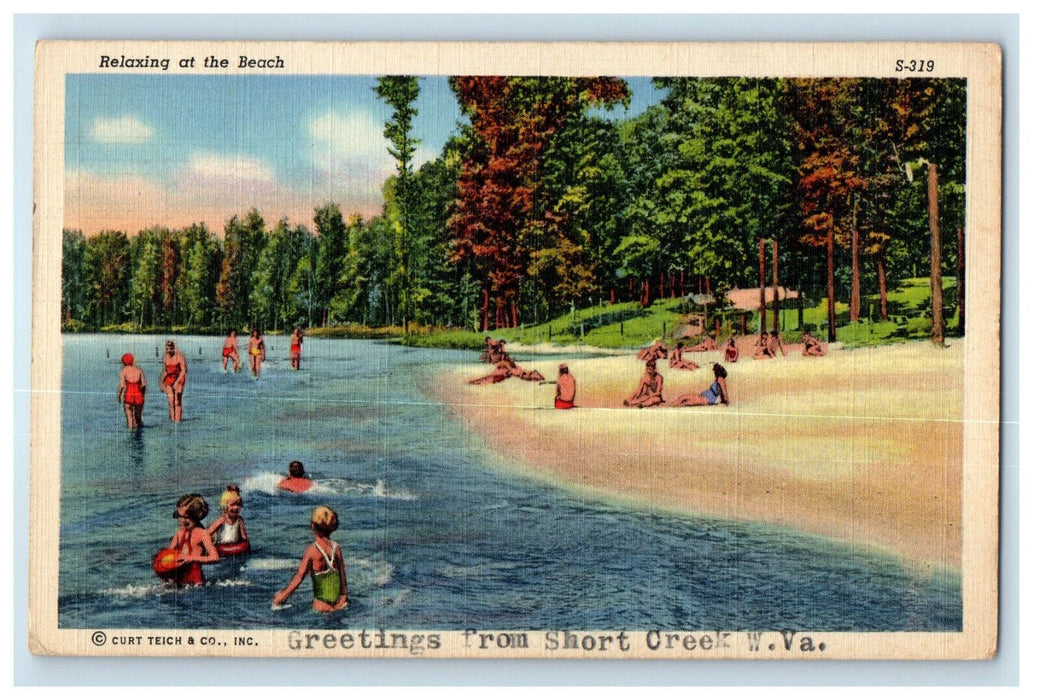 1943 Relaxing at the Beach Greetings from Short Creek West Virginia WV Postcard