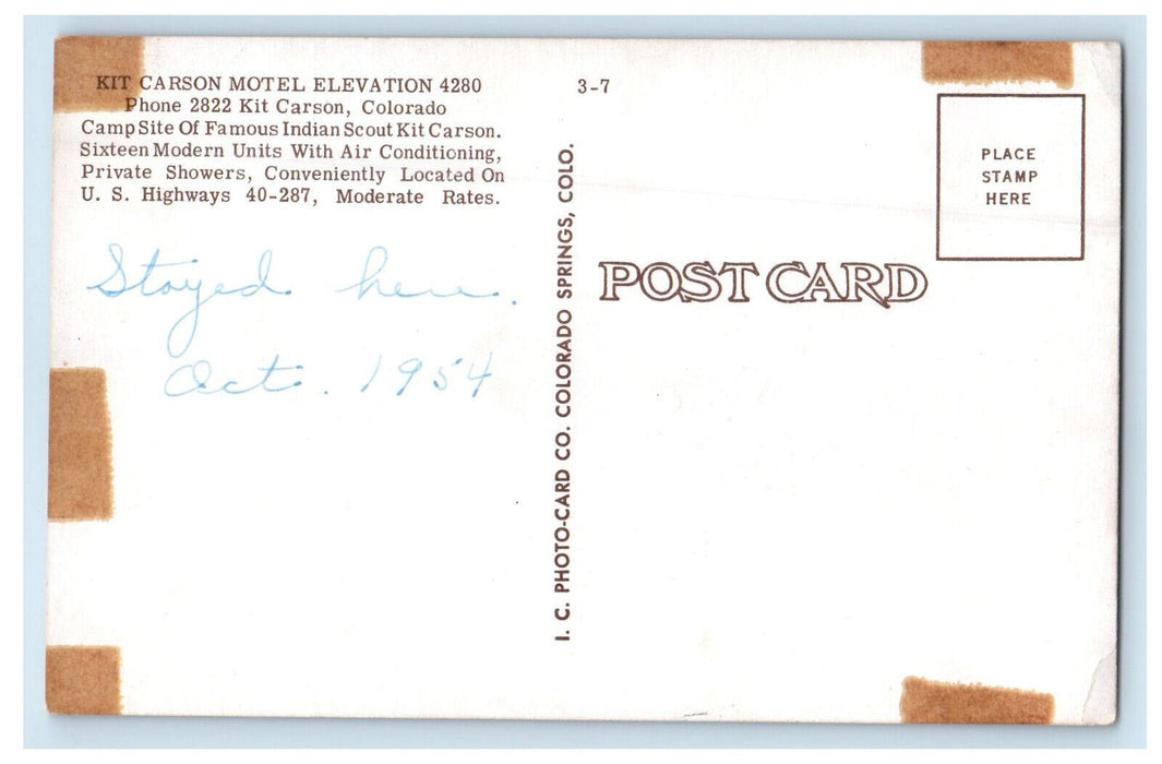 1954 Kit Carson Motel Elevation, Kit Carson Colorado CO Posted Postcard