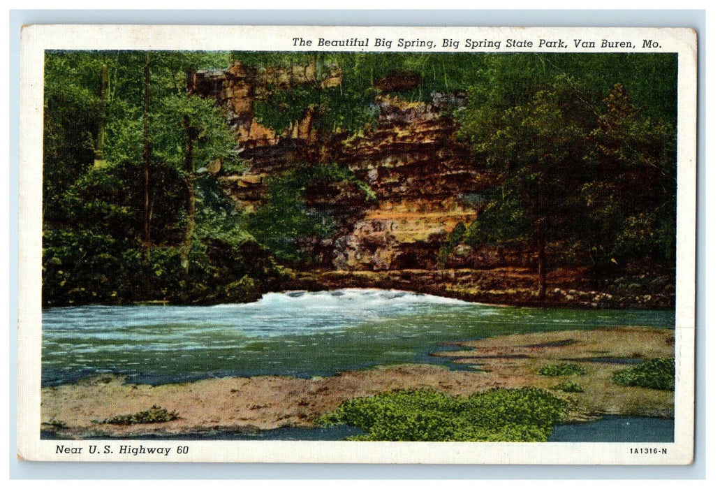 1942 Beautiful Big Spring State Park Van Buren Missouri MO Gideon MO Postcard