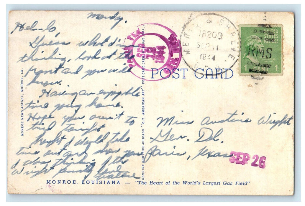 1944 View of Lovers Lane Monroe Louisiana LA Posted Vintage Postcard