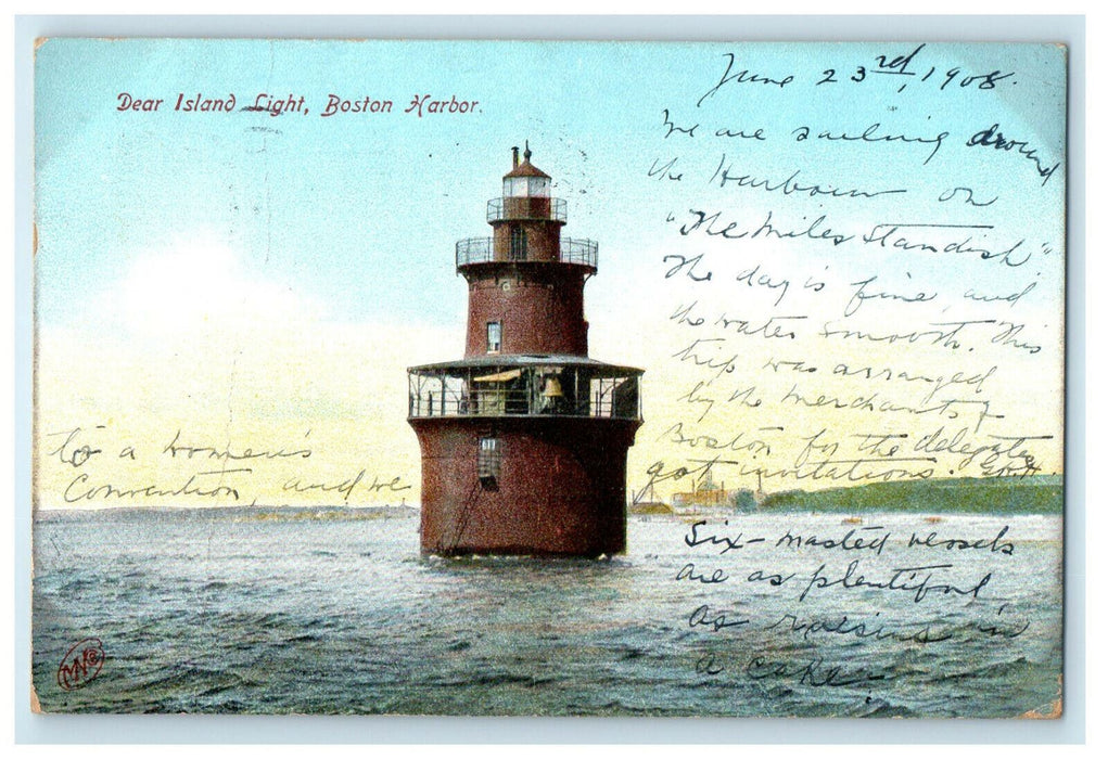 1908 Dear Island Light Boston Harbor Massachusetts MA Antique Postcard