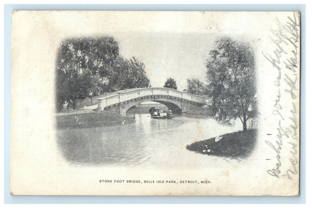 1907 Stone Foot Bridge Belle Isle Park Detroit Michigan MI Antique Postcard
