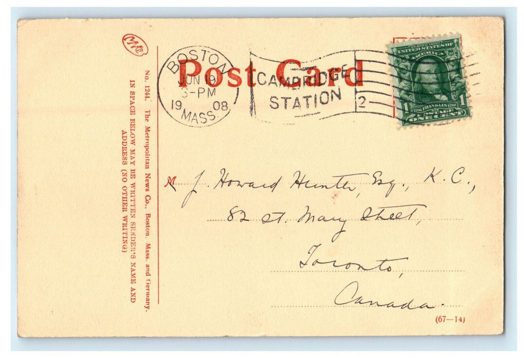1908 Gore Hall Harvard College Cambridge Massachusetts MA Cancel Postcard