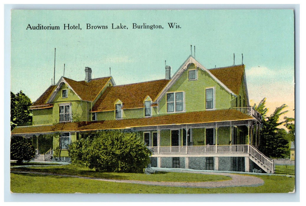 c1910 Auditorium Hotel, Browns Lake, Burlington Wisconsin WI Posted Postcard