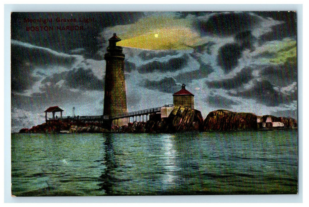 c1910 Moonlight Graves Light, Boston Harbor Massachusetts MA Antique Postcard