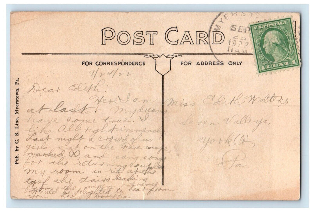 1922 Mohn Hall Albright College Myerstown Pennsylvania PA Vintage Postcard