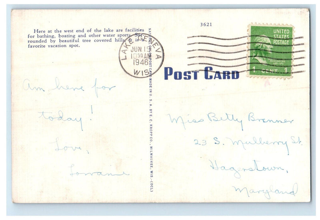 1946 Fontana West End of Lake Geneva Lake Geneva Wisconsin WI Postcard