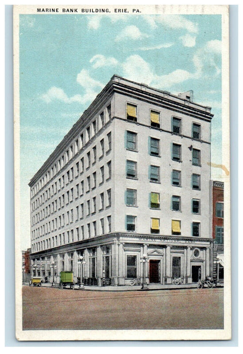 c1920's Marine Bank Building Street View Cars Erie Pennsylvania PA Postcard