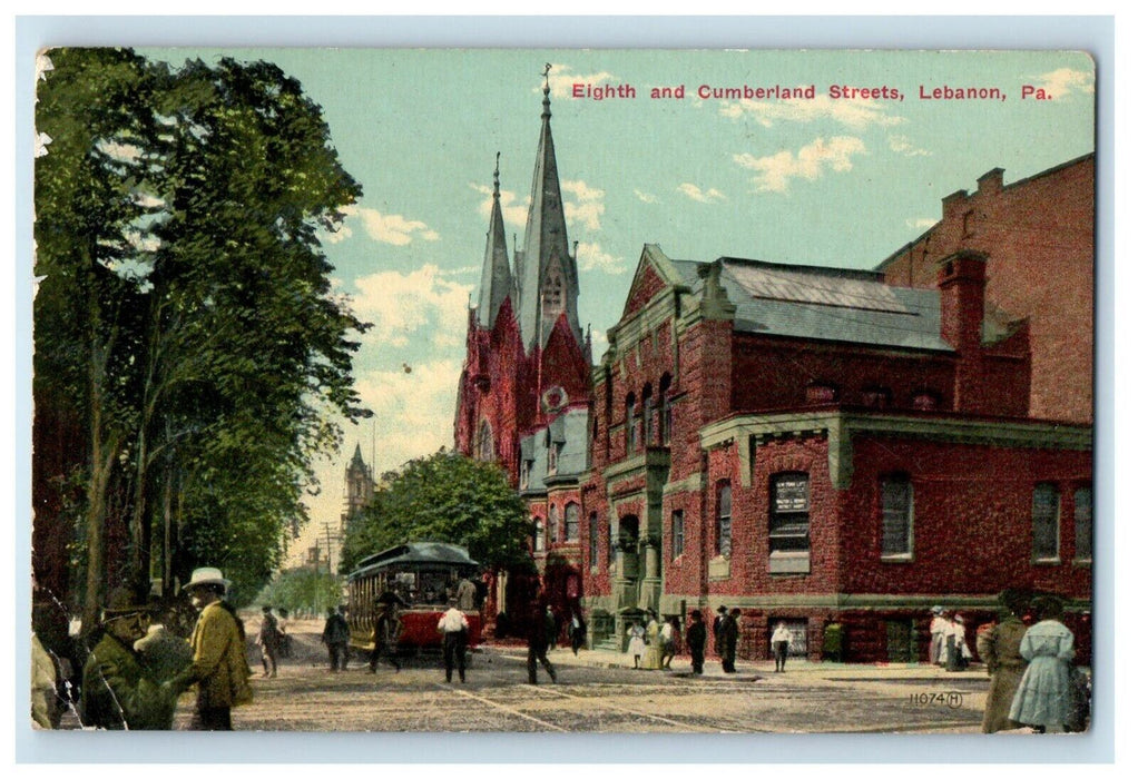 1911 Eight And Cumberland Streets Trolley Lebanon Pennsylvania PA Postcard