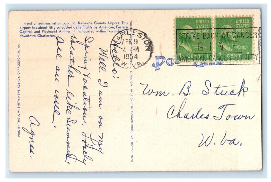1954 Administration Building Kanawha Airport Charleston WV Posted Postcard