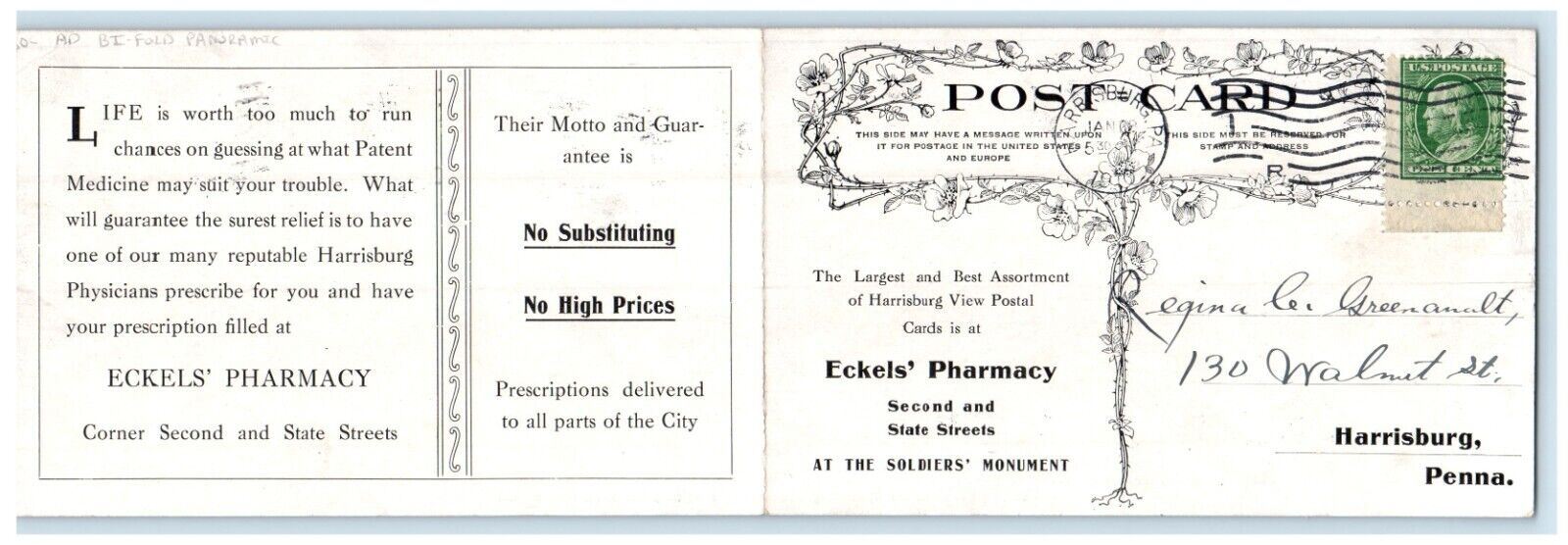 1910 Panoramic Southwest Harrisburg PA State Capitol Bifold Advertising Postcard