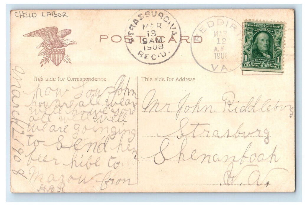 1908 Child Labor, Three Boys Riding A Horse Strasburg VA Posted Postcard