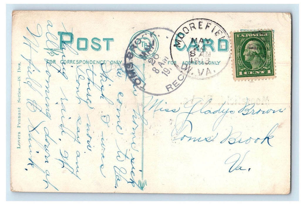 1913 Couple Scene, River and Trees, Moorefield WV Pennant Toms Brock VA Postcard