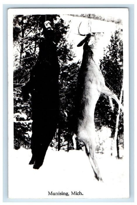 c1940's Hunting Hanging Buck Deer Munising Michigan MI RPPC Photo Postcard