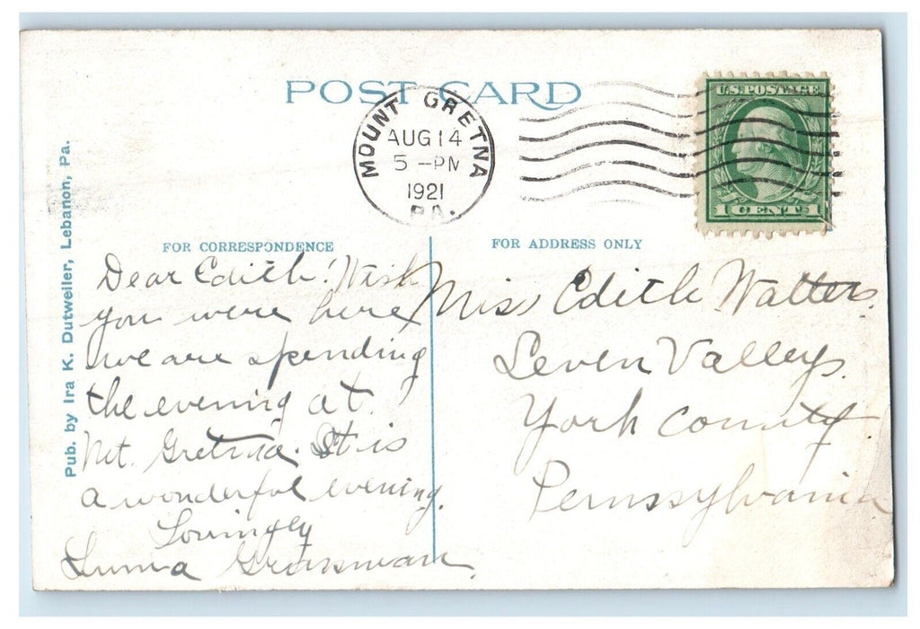 1921 Sunset On Lake Conewago Mt. Gretna Pennsylvania PA Vintage Postcard