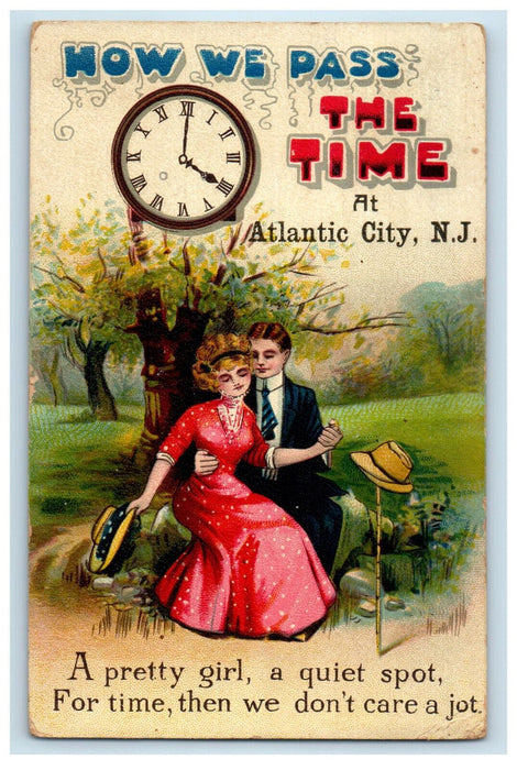 1910 Clock View, How We Pass The Time, Couple, Atlantic City NJ Postcard